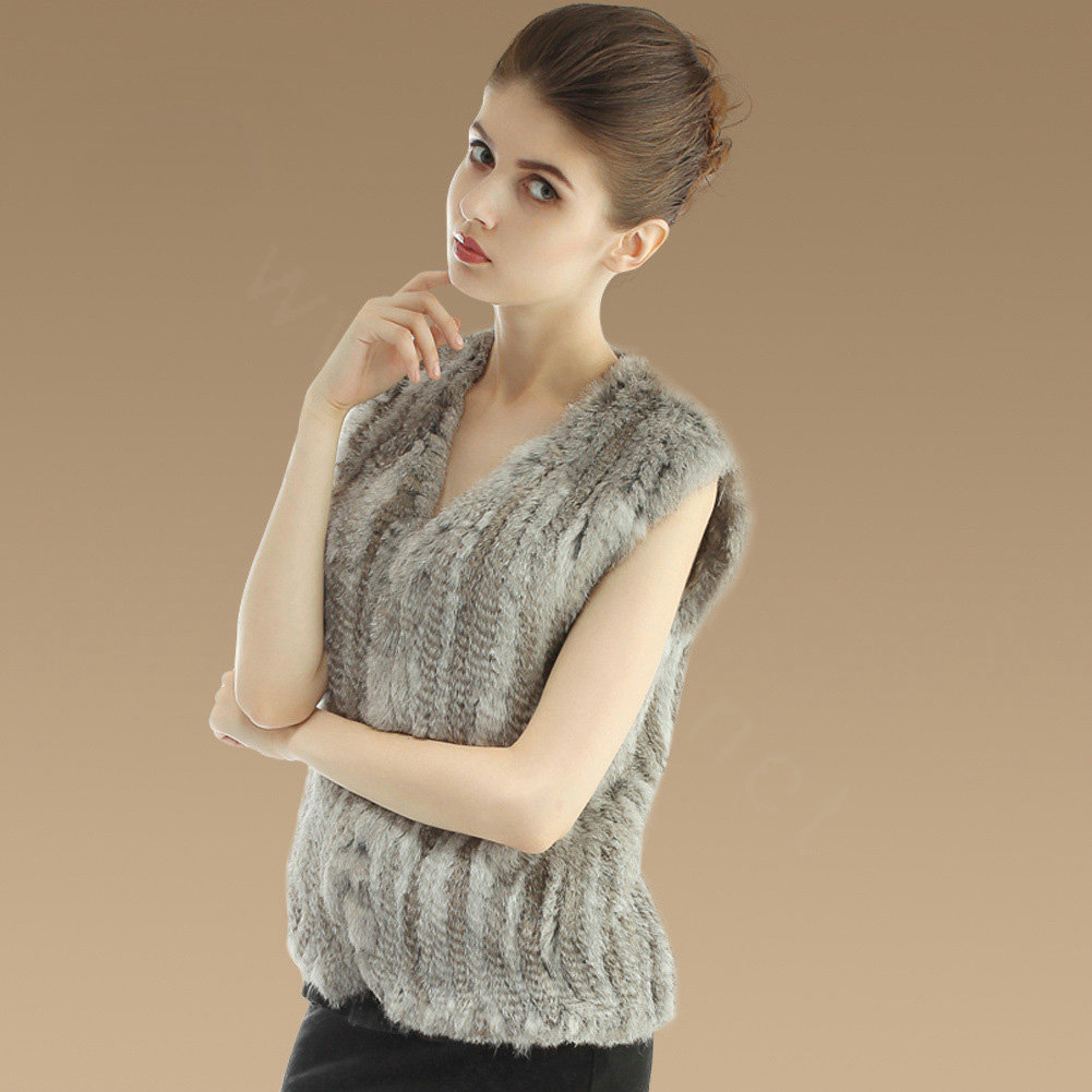New Genuine Knitting Nature Rabbit Fur Vest Fashion Women Fur Waistcoat - Nature Grey