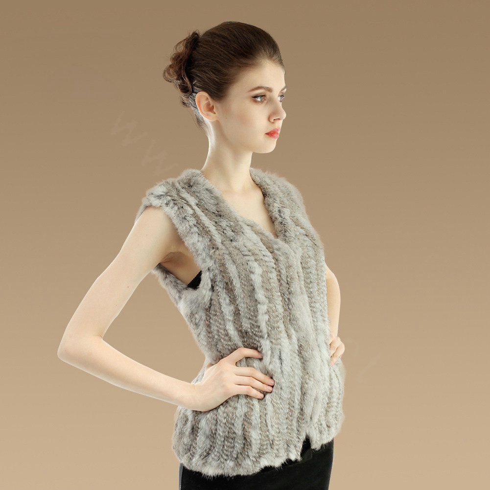 New Genuine Knitting Nature Rabbit Fur Vest Fashion Women Fur Waistcoat - Nature Grey