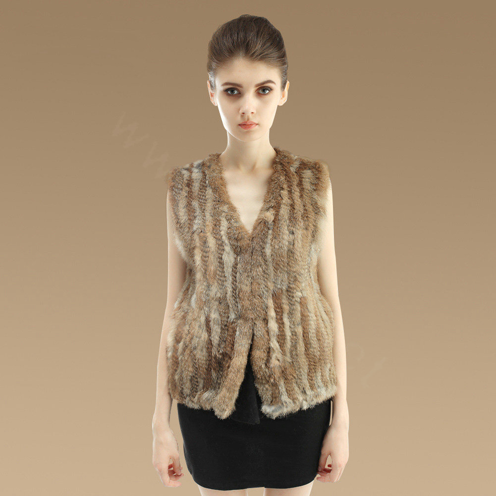 New Genuine Knitting Nature Rabbit Fur Vest Fashion Women Fur Waistcoat - Nature Yellow