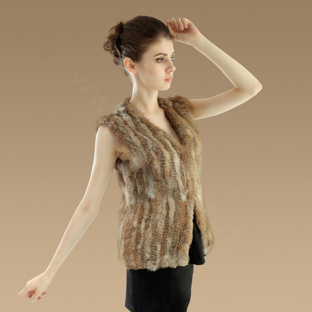 New Genuine Knitting Nature Rabbit Fur Vest Fashion Women Fur Waistcoat - Nature Yellow