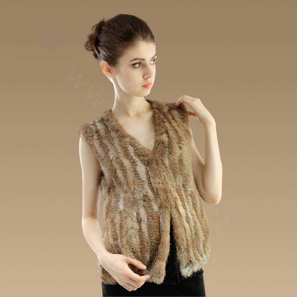 New Genuine Knitting Nature Rabbit Fur Vest Fashion Women Fur Waistcoat - Nature Yellow