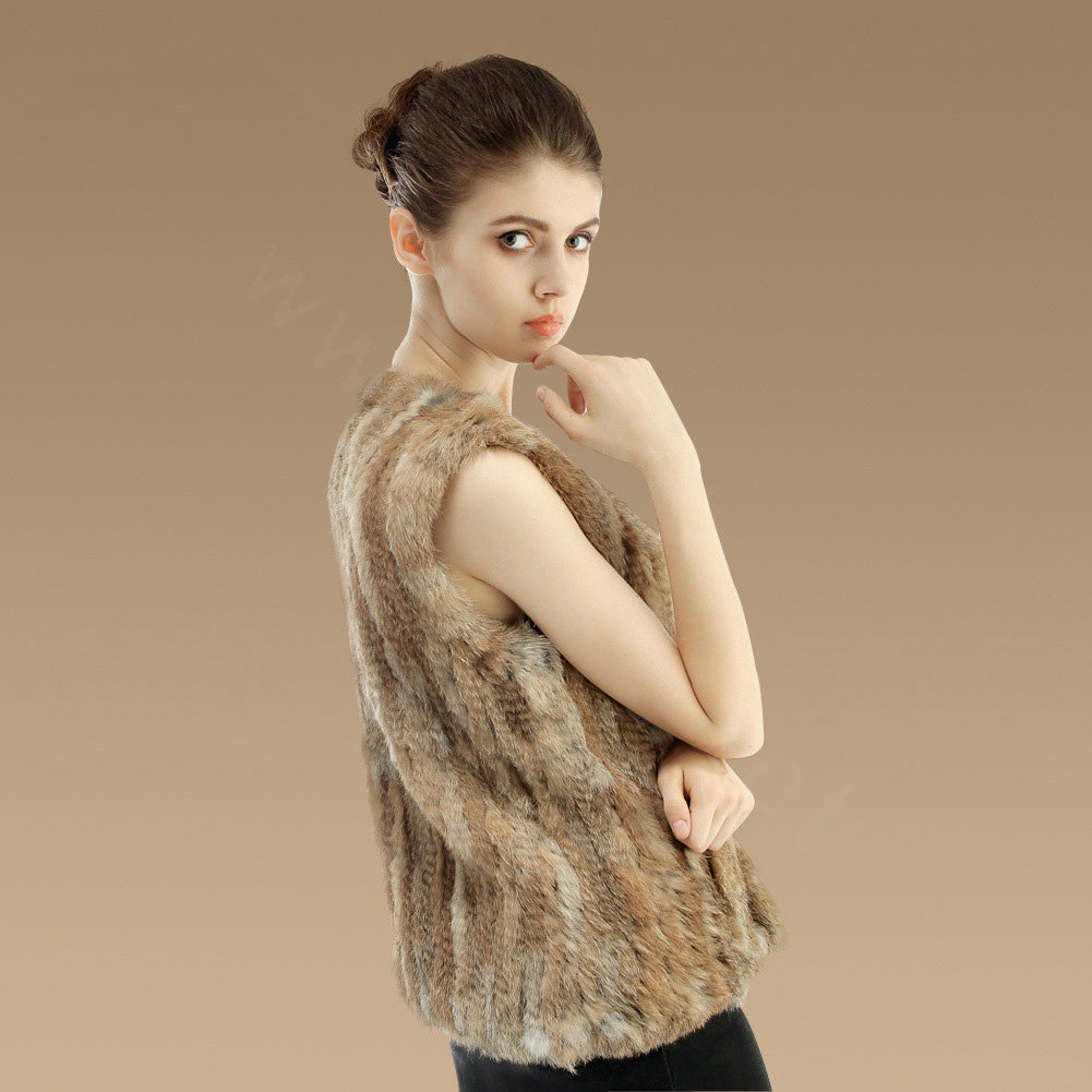 New Genuine Knitting Nature Rabbit Fur Vest Fashion Women Fur Waistcoat - Nature Yellow