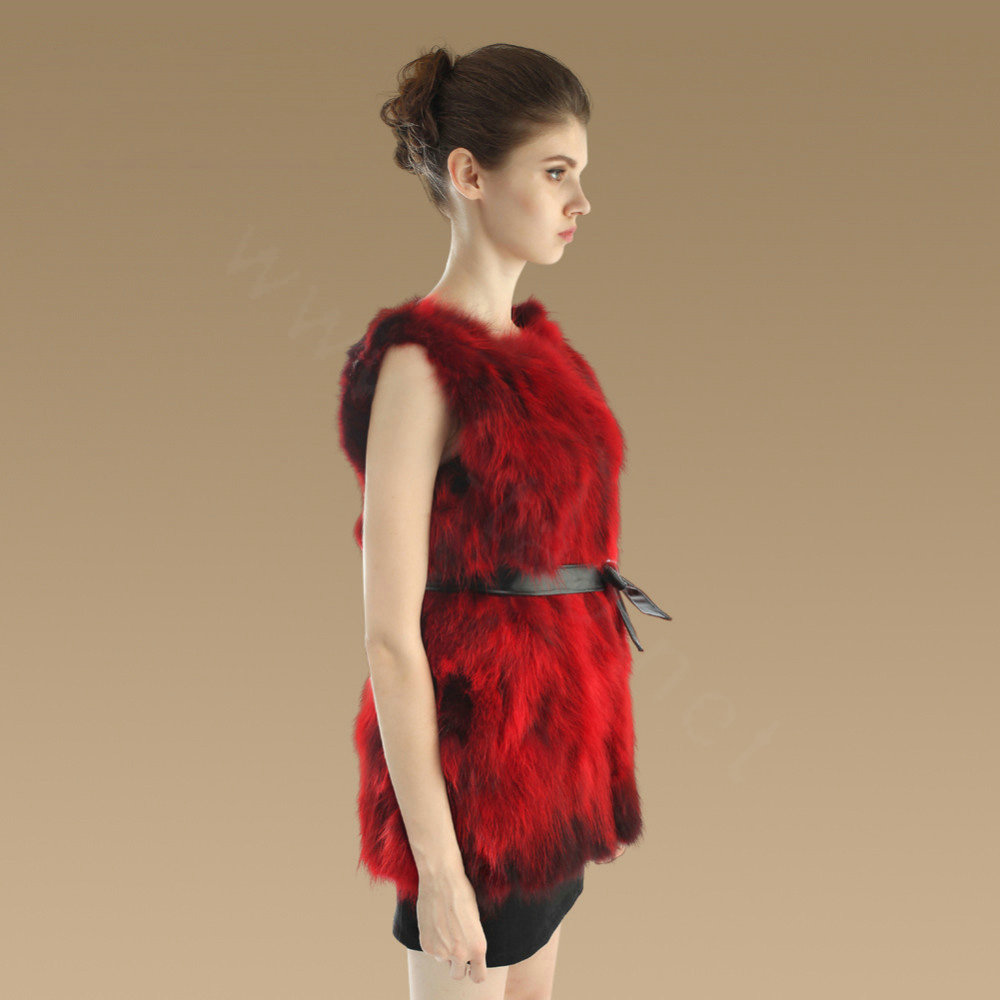 New Genuine Real Raccoon Fur Vest Fashion Women Medium-long With Belt Fur Waistcoat - Red