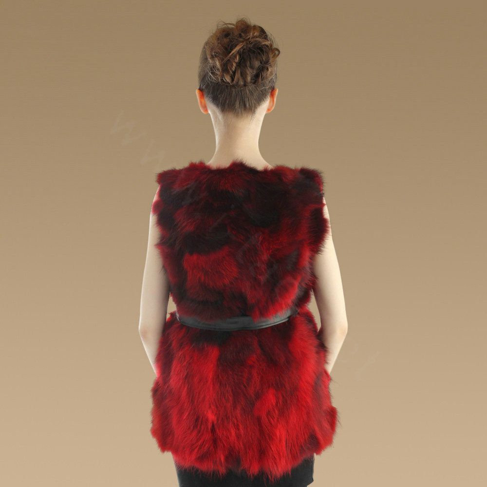 New Genuine Real Raccoon Fur Vest Fashion Women Medium-long With Belt Fur Waistcoat - Red