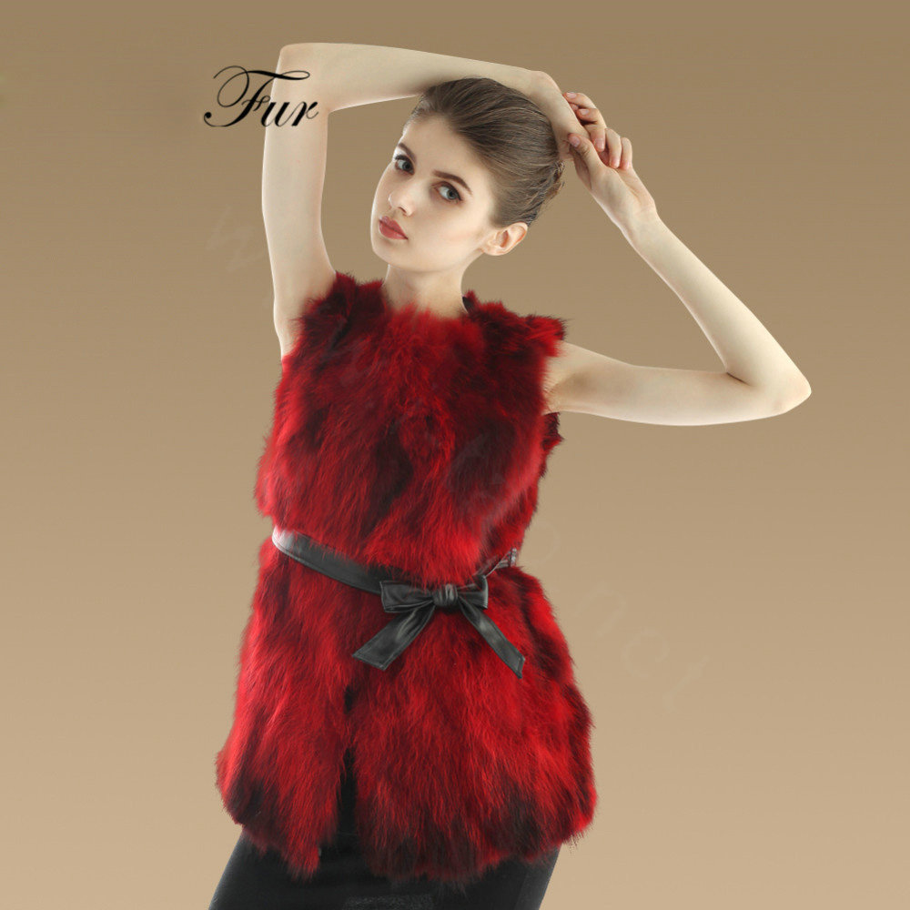 New Genuine Real Raccoon Fur Vest Fashion Women Medium-long With Belt Fur Waistcoat - Red
