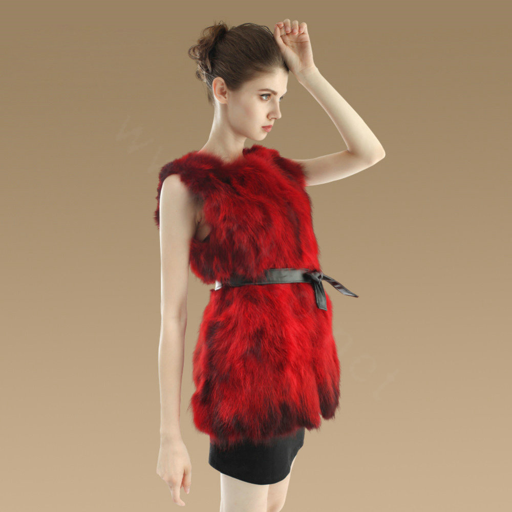 New Genuine Real Raccoon Fur Vest Fashion Women Medium-long With Belt Fur Waistcoat - Red