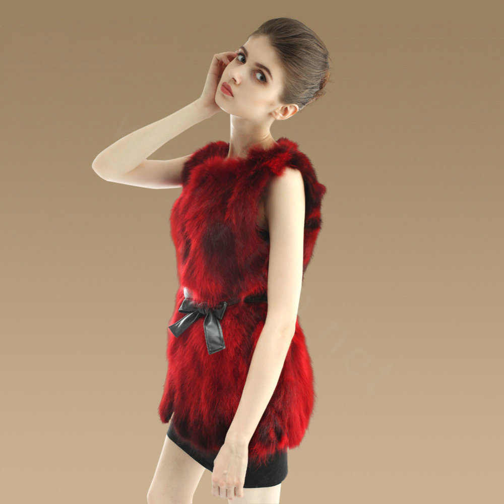 New Genuine Real Raccoon Fur Vest Fashion Women Medium-long With Belt Fur Waistcoat - Red