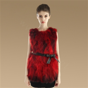 New Genuine Real Raccoon Fur Vest Fashion Women Medium-long With Belt Fur Waistcoat - Red