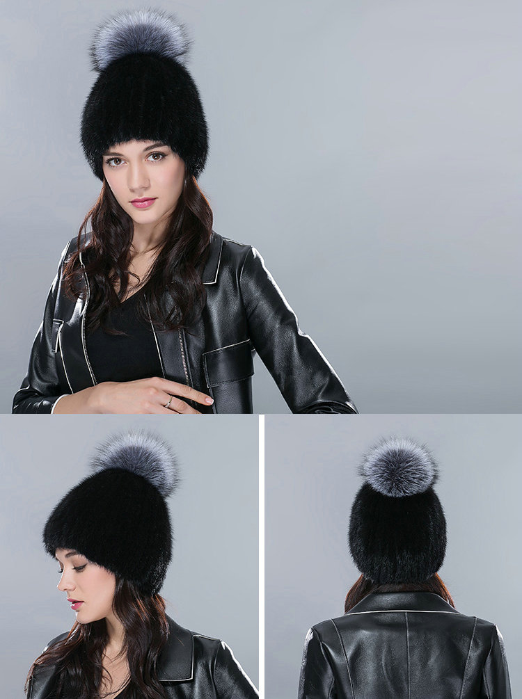 New Genuine Whole Mink Fur Hats With Silver Fox Fur Ball Women Winter Knitted Beanies Cap - Black