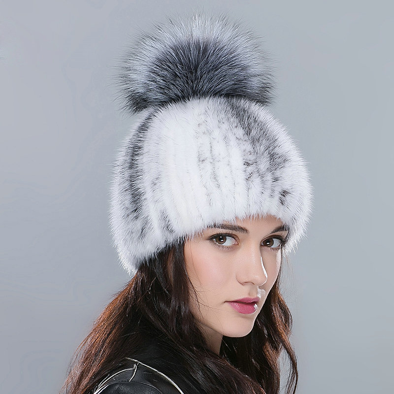 New Genuine Whole Mink Fur Hats With Silver Fox Fur Ball Women Winter Knitted Beanies Cap - White