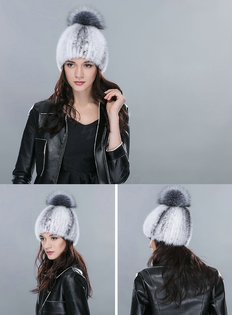 New Genuine Whole Mink Fur Hats With Silver Fox Fur Ball Women Winter Knitted Beanies Cap - White