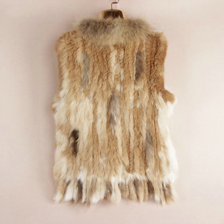 New High Quality Real Rabbit Fur Vest Raccoon Fur Collar Women Knitted Fur Gilet - Brown Yellow