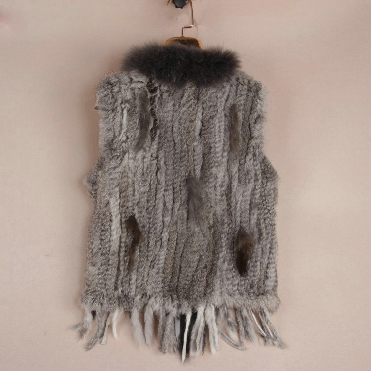 New High Quality Real Rabbit Fur Vest Raccoon Fur Collar Women Knitted Fur Gilet - Dark Grey