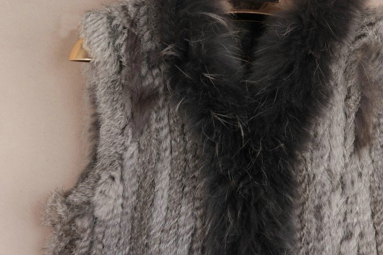 New High Quality Real Rabbit Fur Vest Raccoon Fur Collar Women Knitted Fur Gilet - Dark Grey