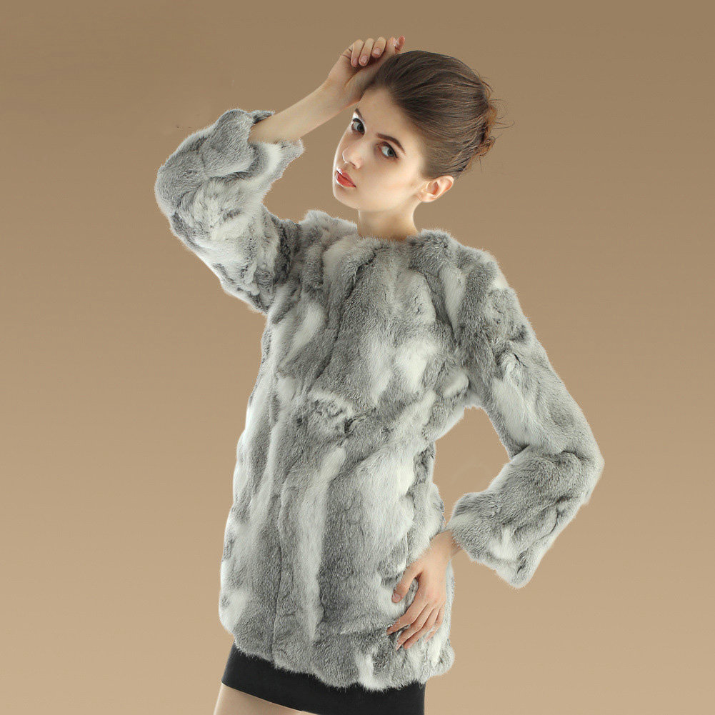 New Knitting Nature Rabbit Fur Outwear Winter Warm Fur Jacket Fashion Women Fur Coats - Grey
