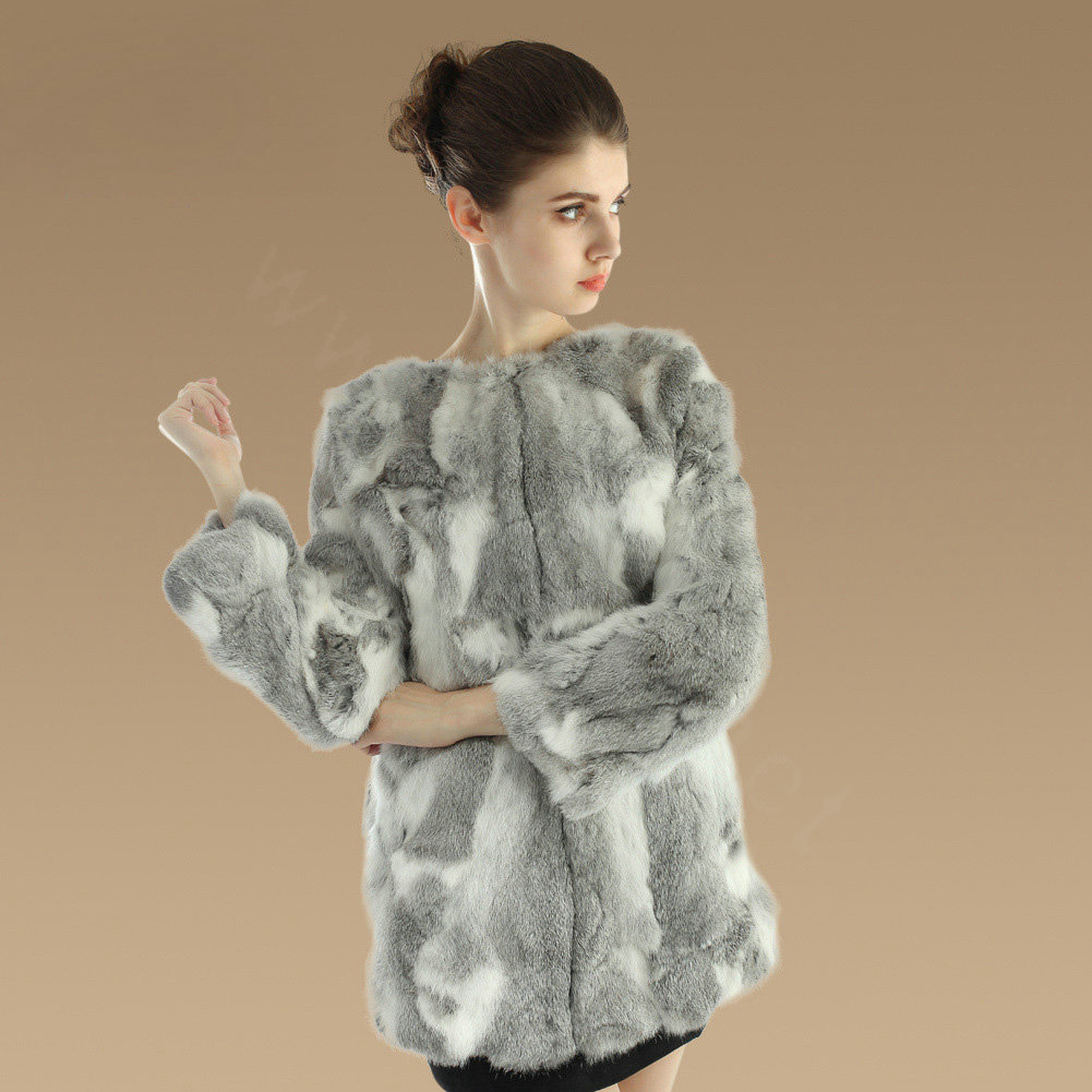 New Knitting Nature Rabbit Fur Outwear Winter Warm Fur Jacket Fashion Women Fur Coats - Grey