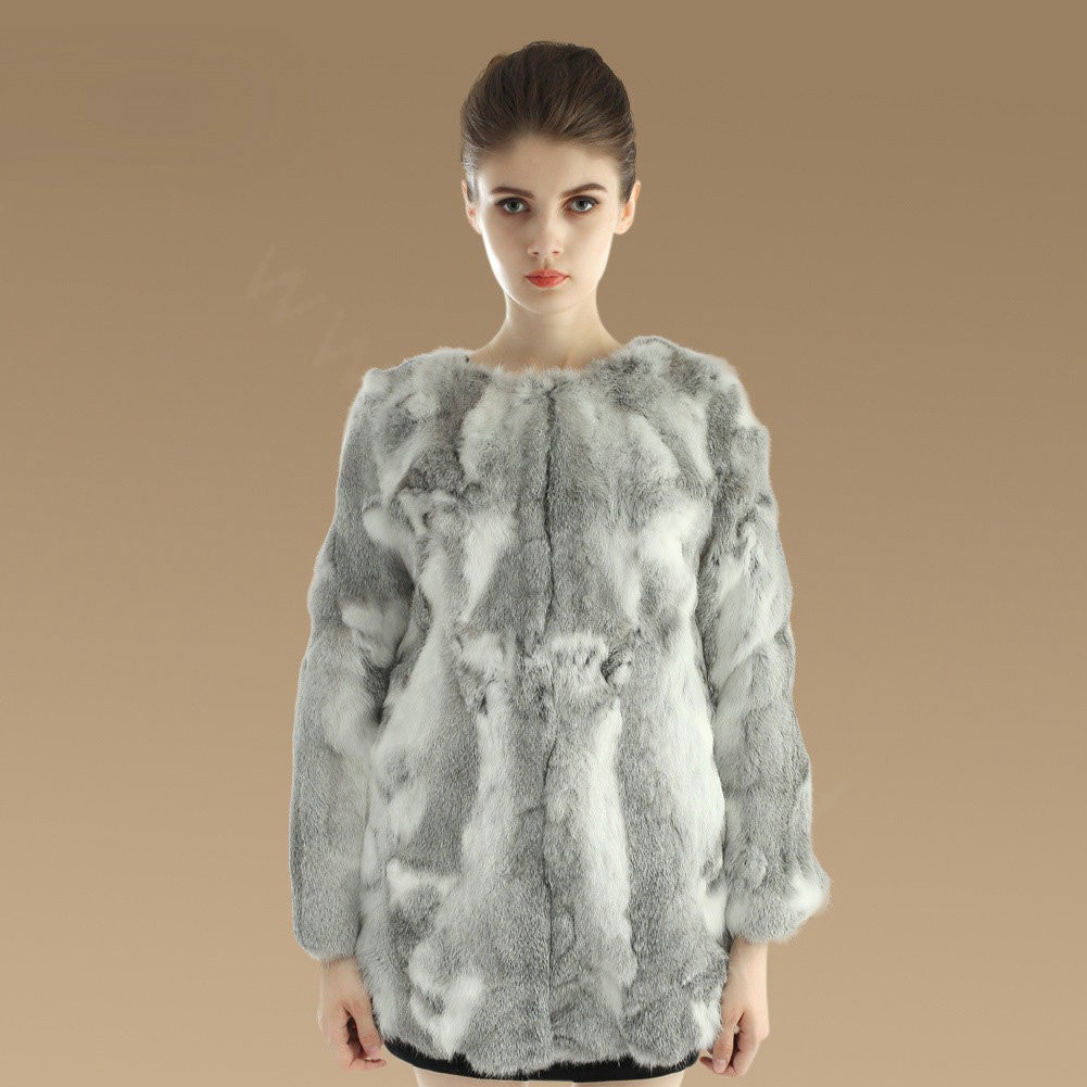 New Knitting Nature Rabbit Fur Outwear Winter Warm Fur Jacket Fashion Women Fur Coats - Grey