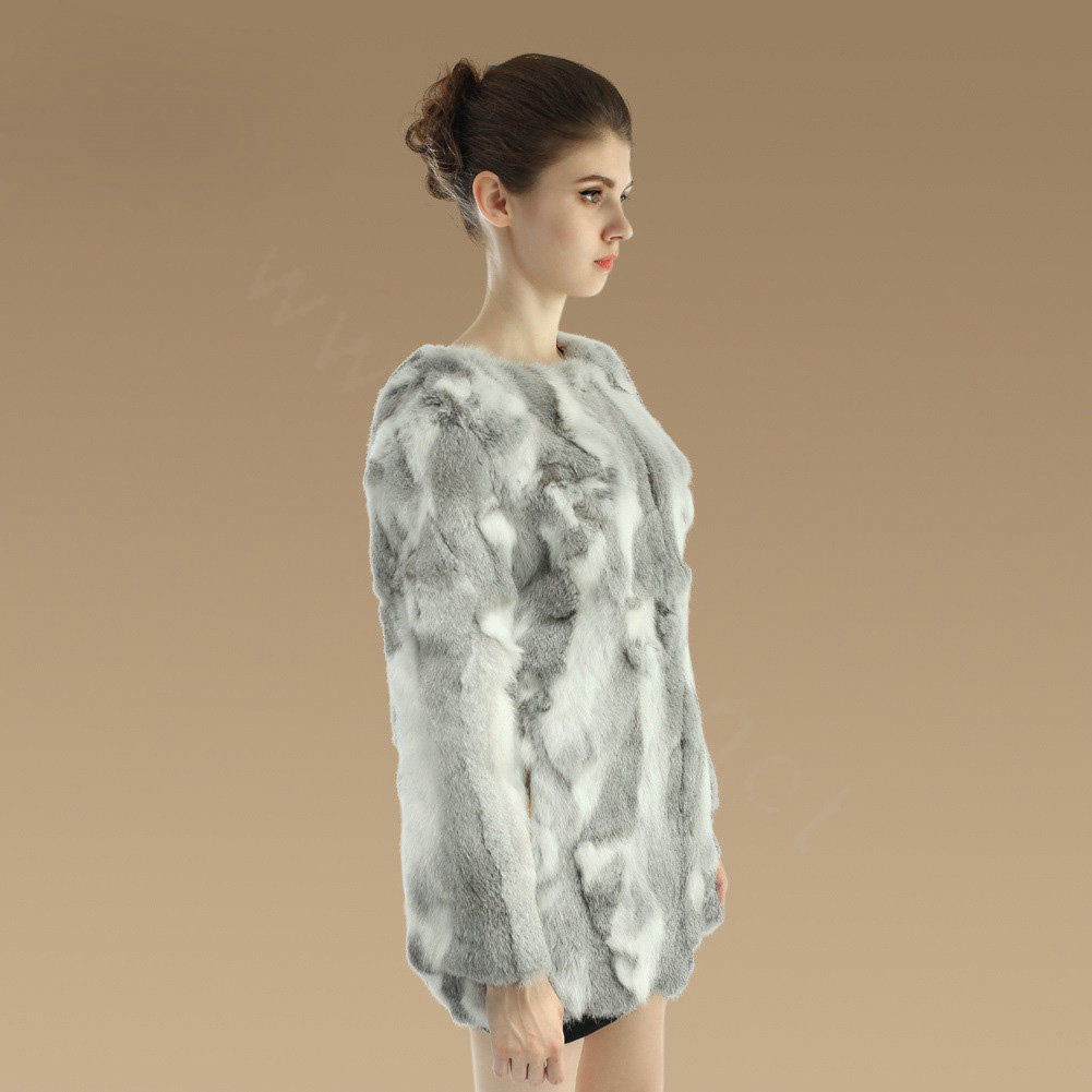 New Knitting Nature Rabbit Fur Outwear Winter Warm Fur Jacket Fashion Women Fur Coats - Grey