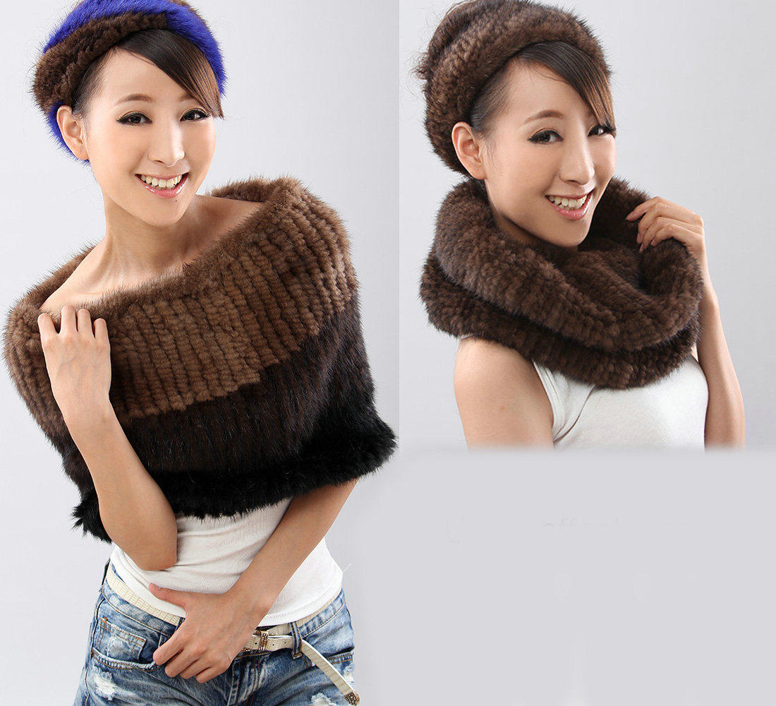 New Luxurious Fashion Knitted Real Mink Fur Shawl Pullover Women's Four Color Block Mink Fur Scarves Wrap