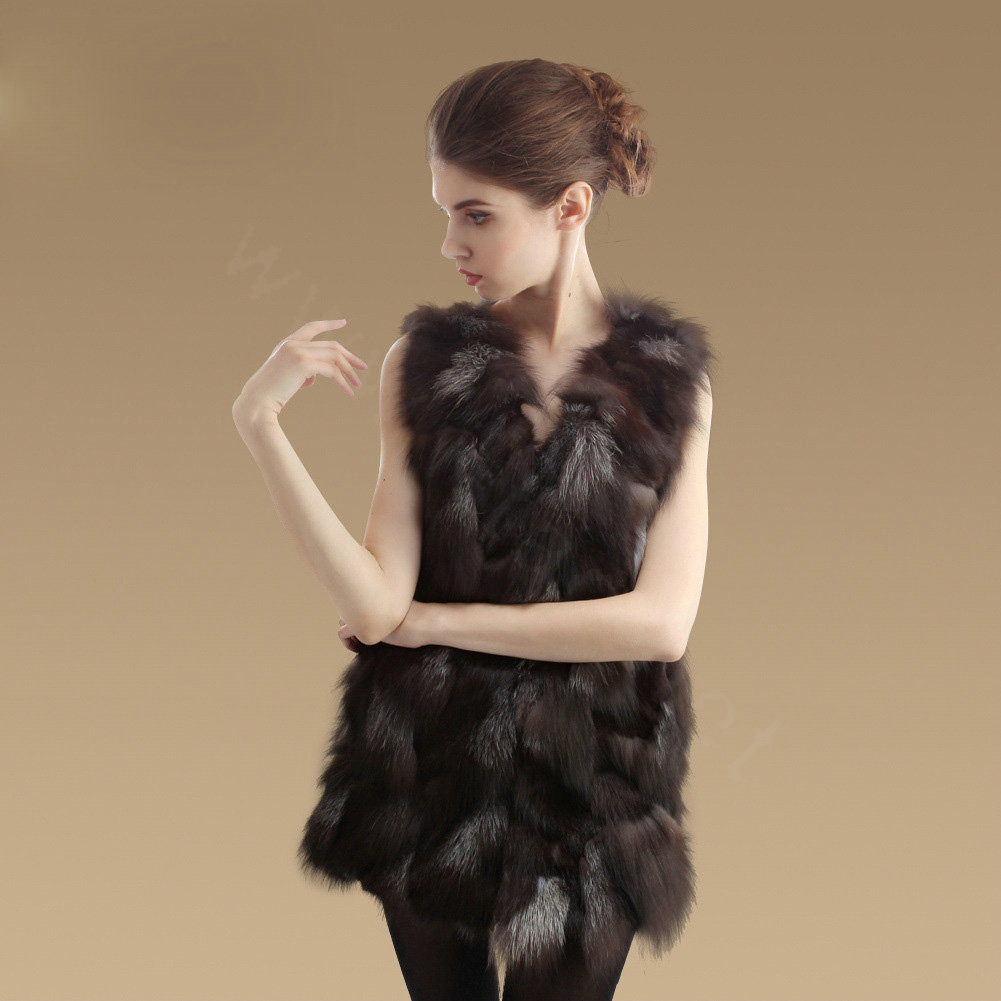 New Luxury Genuine Natural Silver Fox Fur Vest Women Fashion Long Fox Fur Waistcoat - Coffee