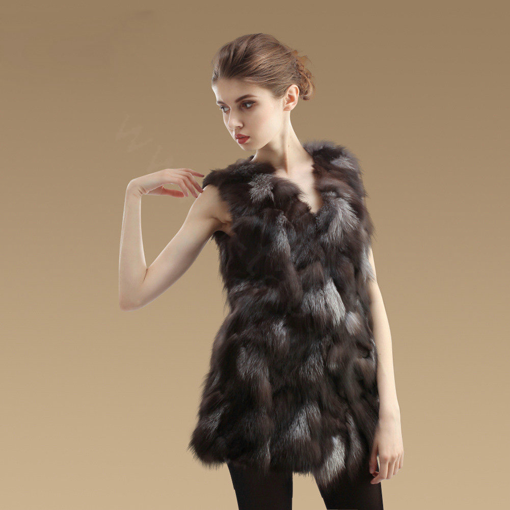 New Luxury Genuine Natural Silver Fox Fur Vest Women Fashion Long Fox Fur Waistcoat - Coffee