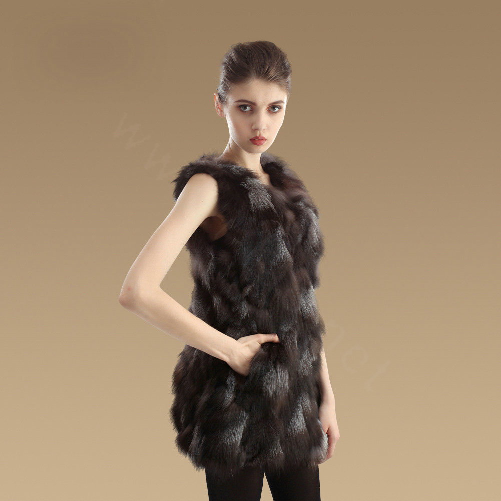 New Luxury Genuine Natural Silver Fox Fur Vest Women Fashion Long Fox Fur Waistcoat - Coffee