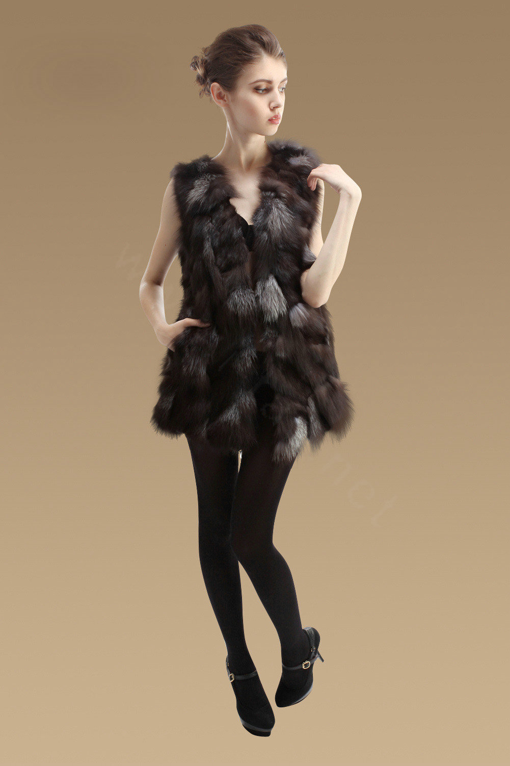 New Luxury Genuine Natural Silver Fox Fur Vest Women Fashion Long Fox Fur Waistcoat - Coffee