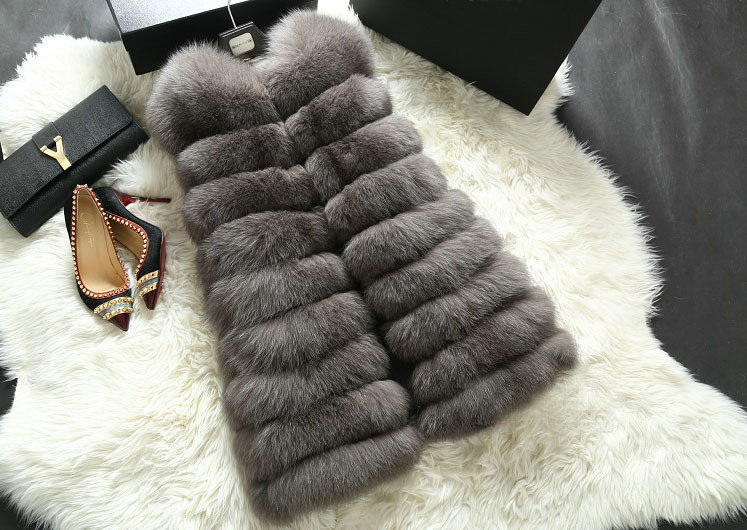 New Luxury Genuine Real Whole Fox Fur Vest Fashion Women Medium-long Fur Gliet - Grey