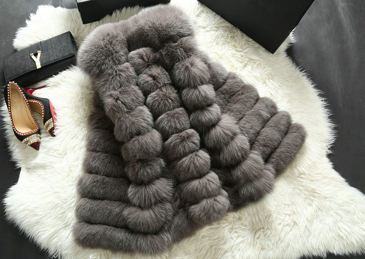 New Luxury Genuine Real Whole Fox Fur Vest Fashion Women Medium-long Fur Gliet - Grey