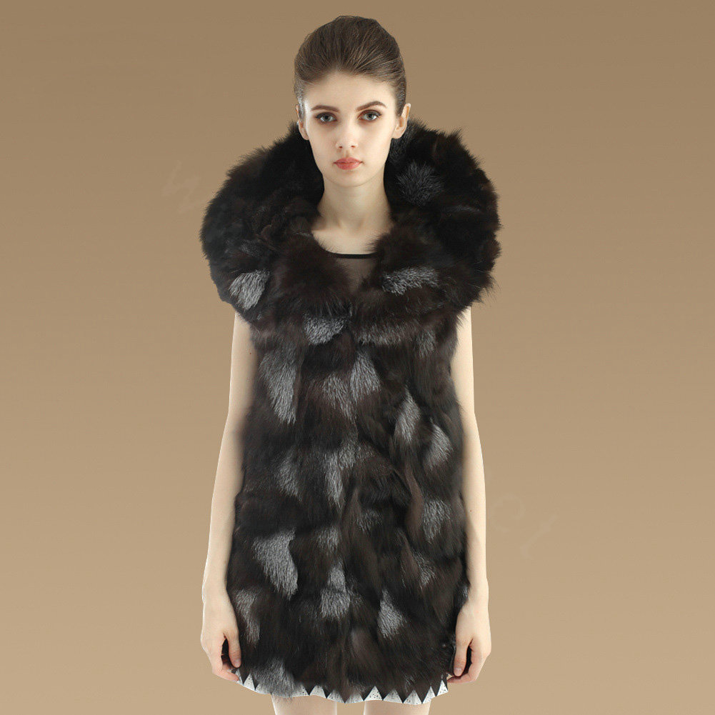 New Luxury Nature Silver Fox Fur Vest Women Fashion Long Large Fox Fur Collar Gilet