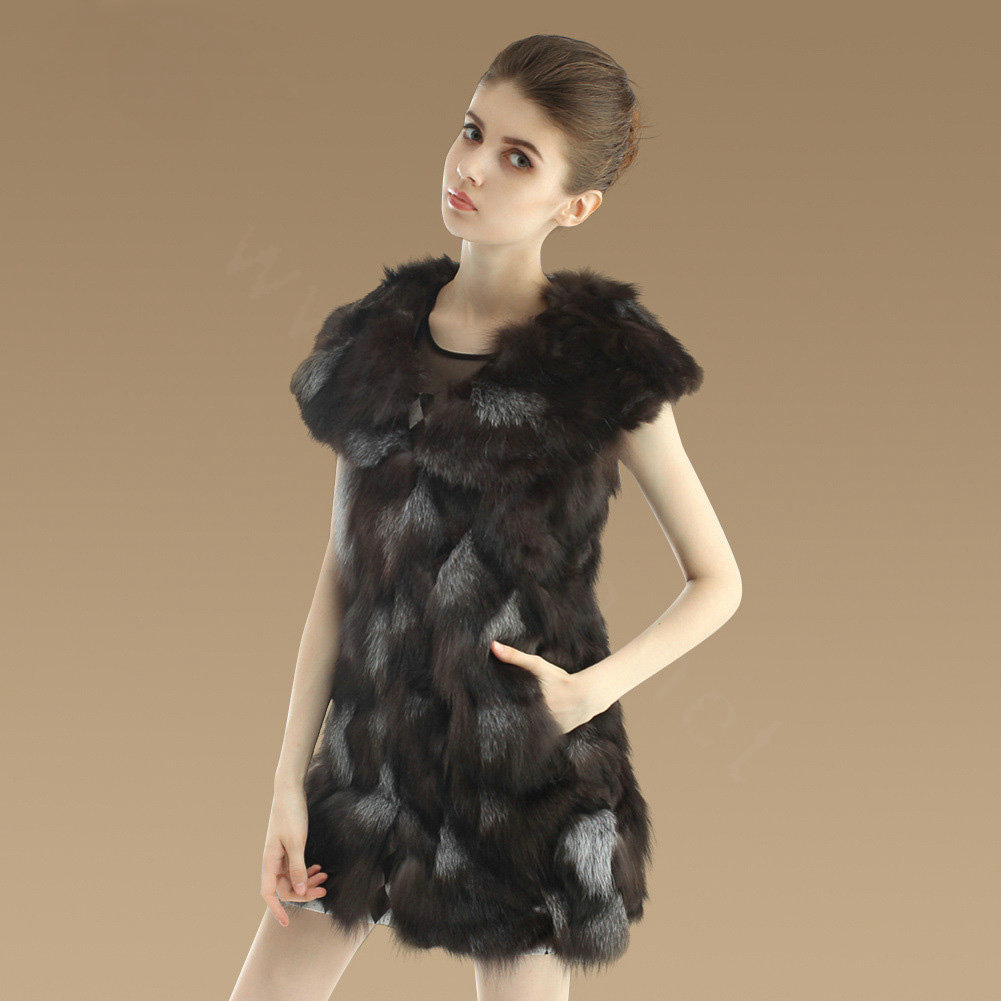 New Luxury Nature Silver Fox Fur Vest Women Fashion Long Large Fox Fur Collar Gilet