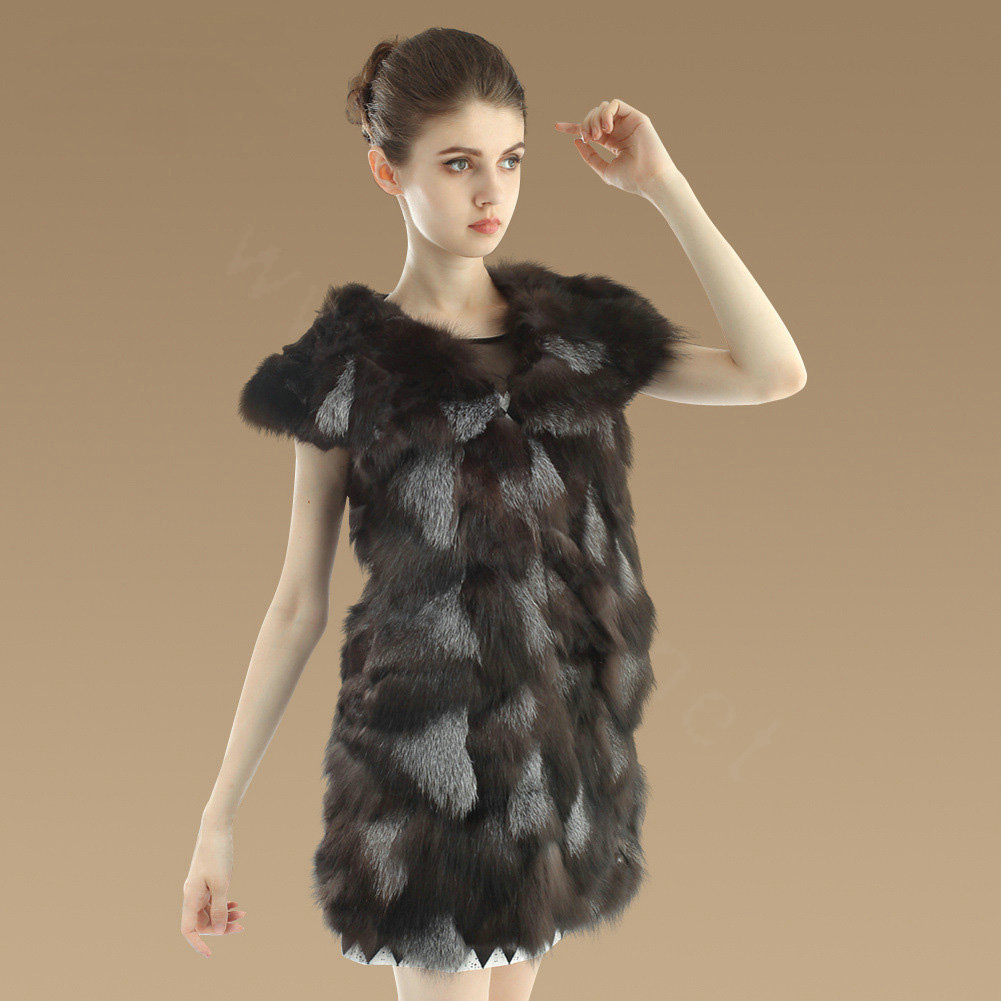 New Luxury Nature Silver Fox Fur Vest Women Fashion Long Large Fox Fur Collar Gilet