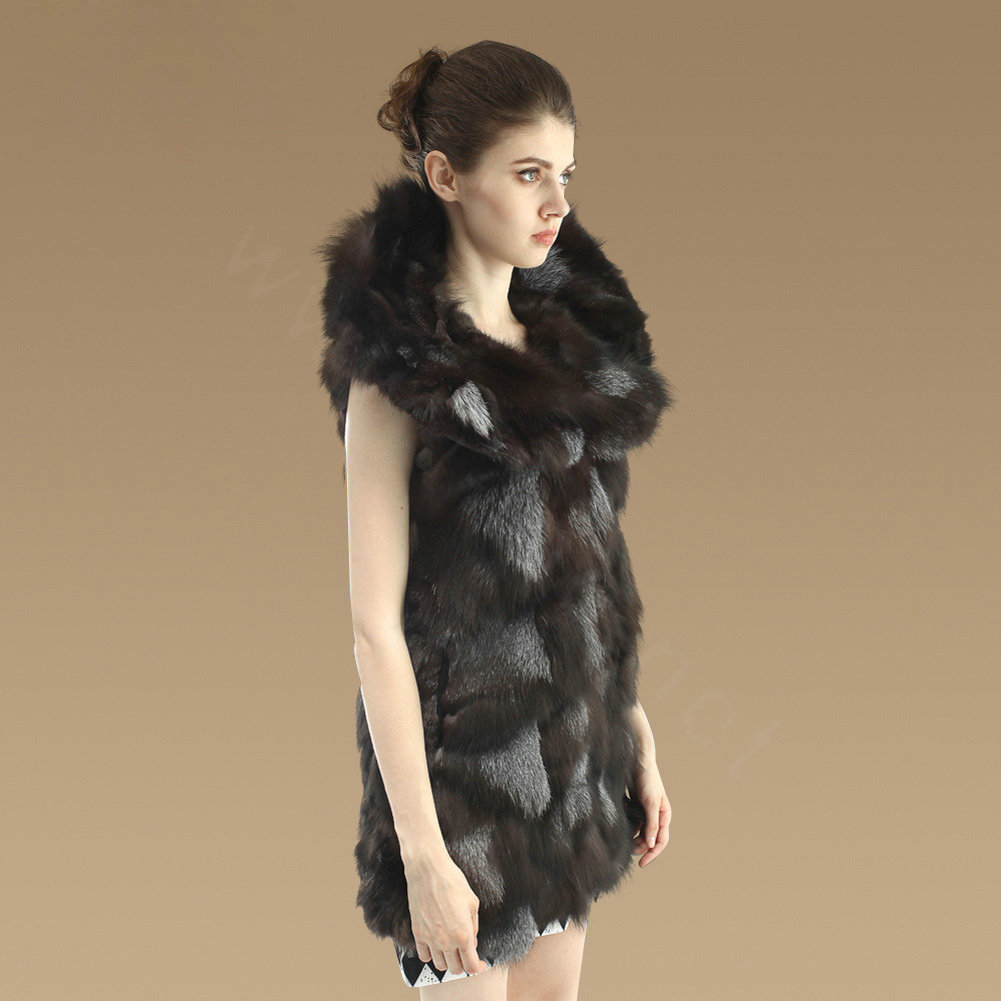 New Luxury Nature Silver Fox Fur Vest Women Fashion Long Large Fox Fur Collar Gilet