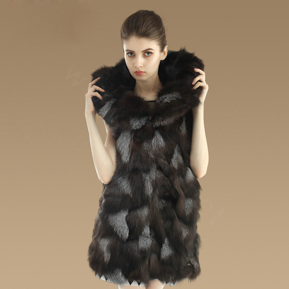 New Luxury Nature Silver Fox Fur Vest Women Fashion Long Large Fox Fur Collar Gilet