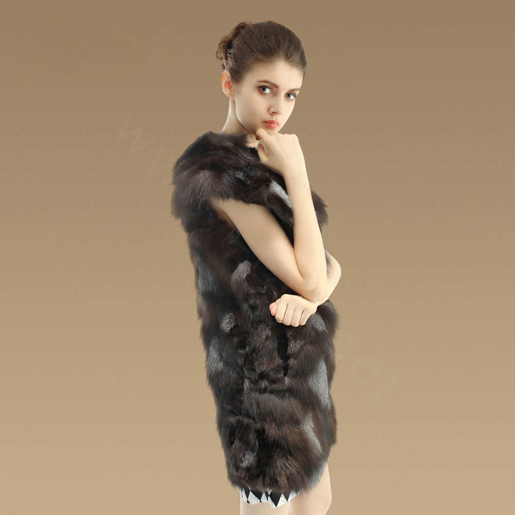 New Luxury Nature Silver Fox Fur Vest Women Fashion Long Large Fox Fur Collar Gilet