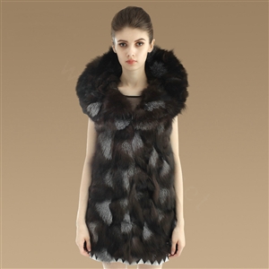 New Luxury Nature Silver Fox Fur Vest Women Fashion Long Large Fox Fur Collar Gilet
