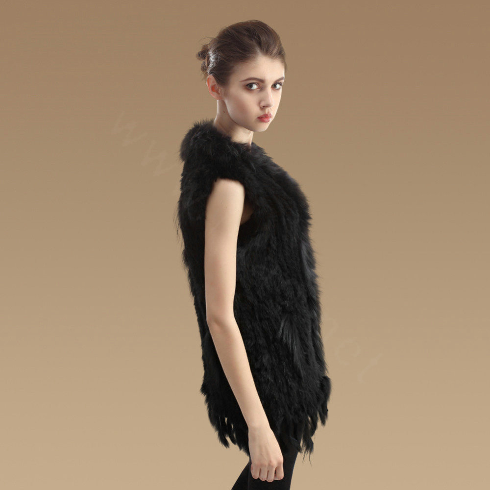 New Natural Knit Rabbit Fur Vests Winter Fashion Women's Real Raccoon Fur Waistcoat - Black