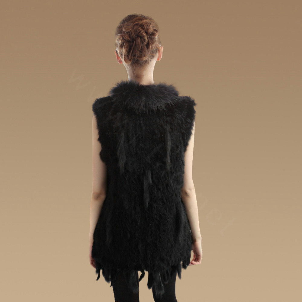 New Natural Knit Rabbit Fur Vests Winter Fashion Women's Real Raccoon Fur Waistcoat - Black