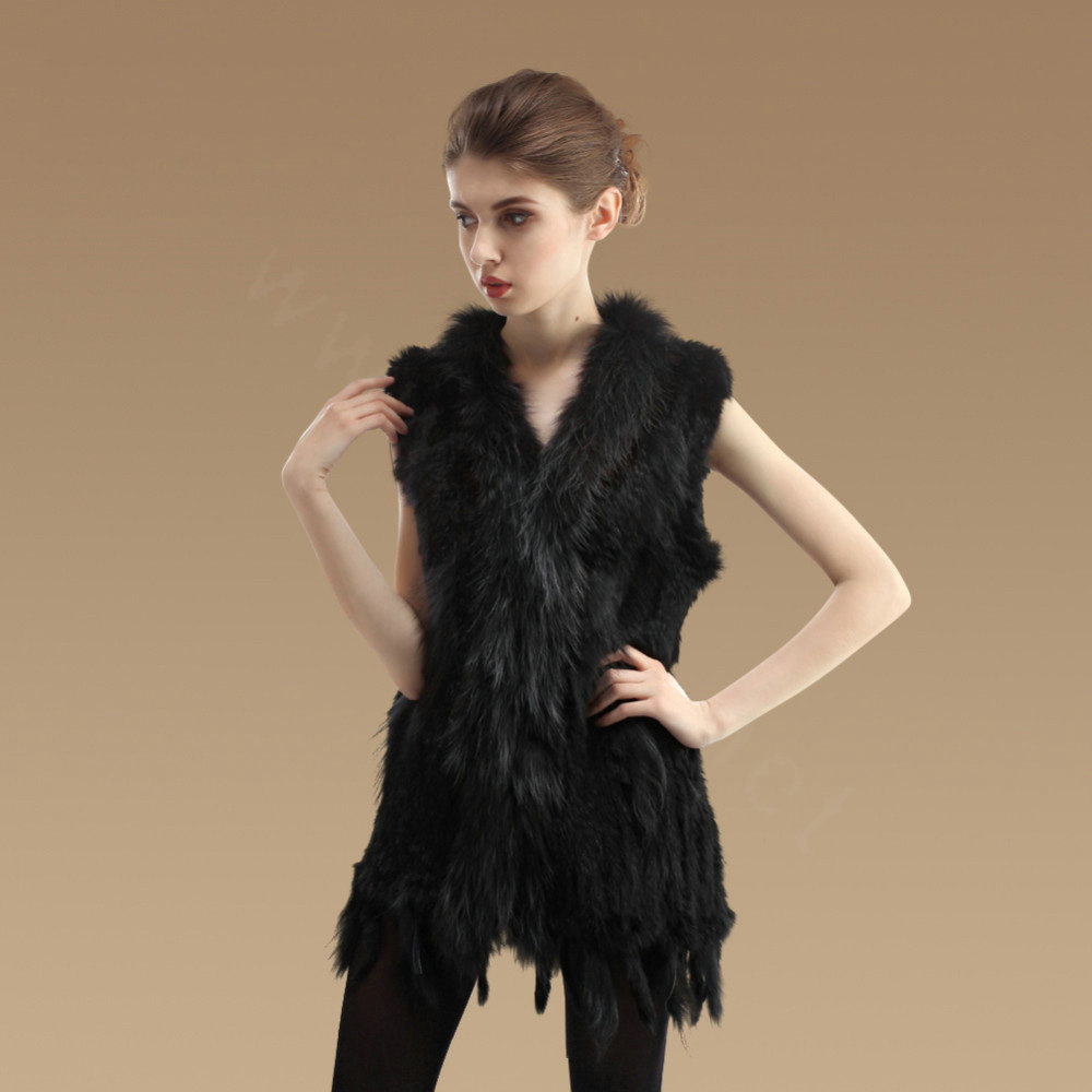 New Natural Knit Rabbit Fur Vests Winter Fashion Women's Real Raccoon Fur Waistcoat - Black