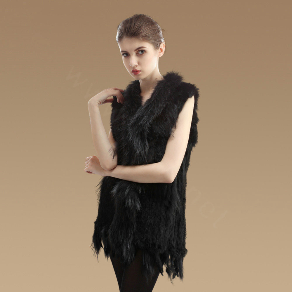 New Natural Knit Rabbit Fur Vests Winter Fashion Women's Real Raccoon Fur Waistcoat - Black