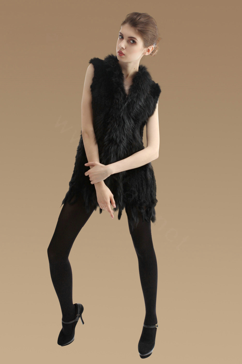 New Natural Knit Rabbit Fur Vests Winter Fashion Women's Real Raccoon Fur Waistcoat - Black