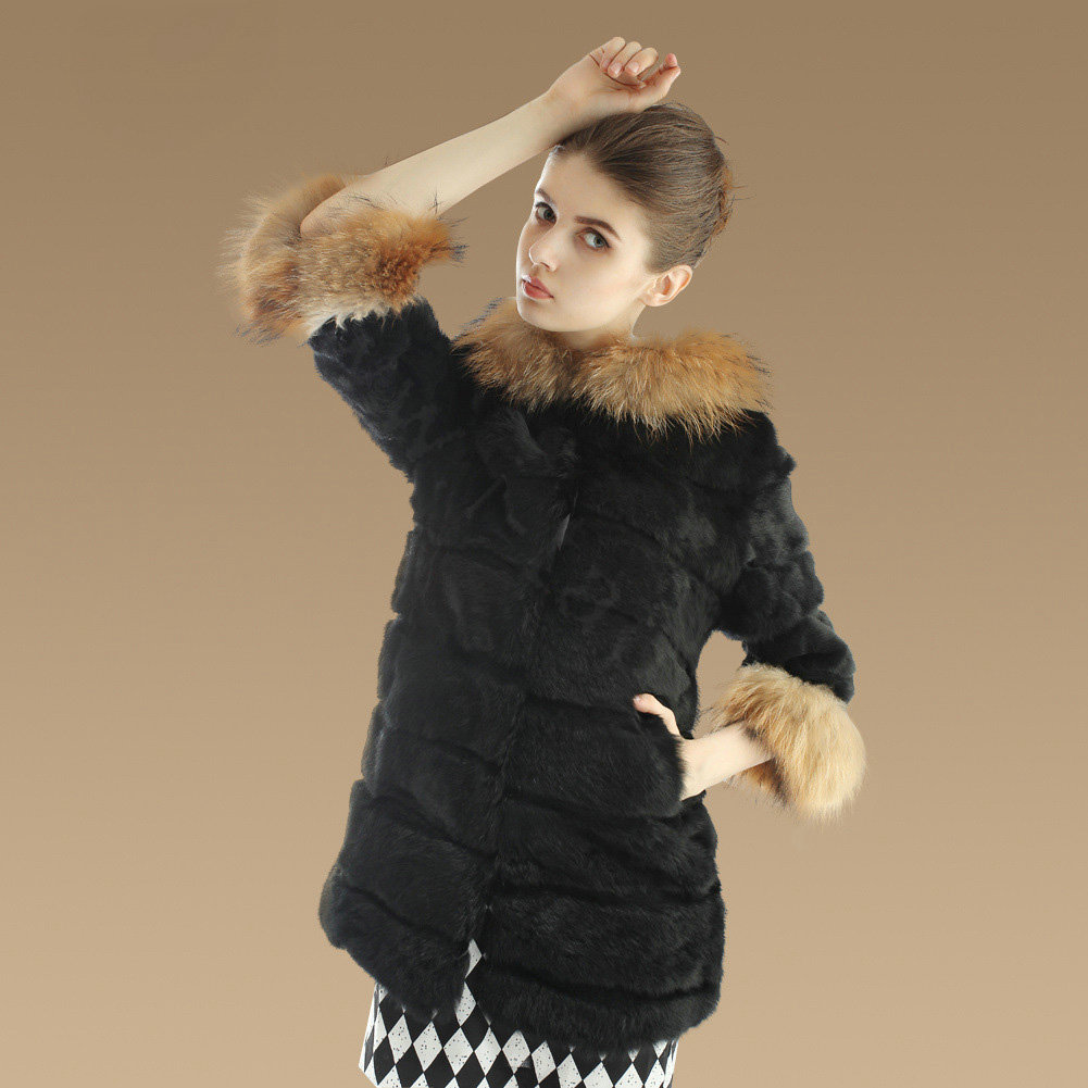 New Nature Genuine Rabbit Fur Coat With Raccoon Fur Hooded Outwear Warm Fur Jacket - Black