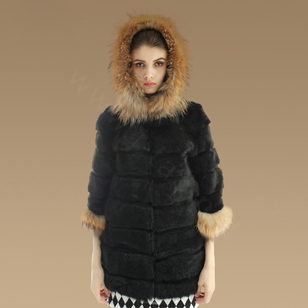 New Nature Genuine Rabbit Fur Coat With Raccoon Fur Hooded Outwear Warm Fur Jacket - Black