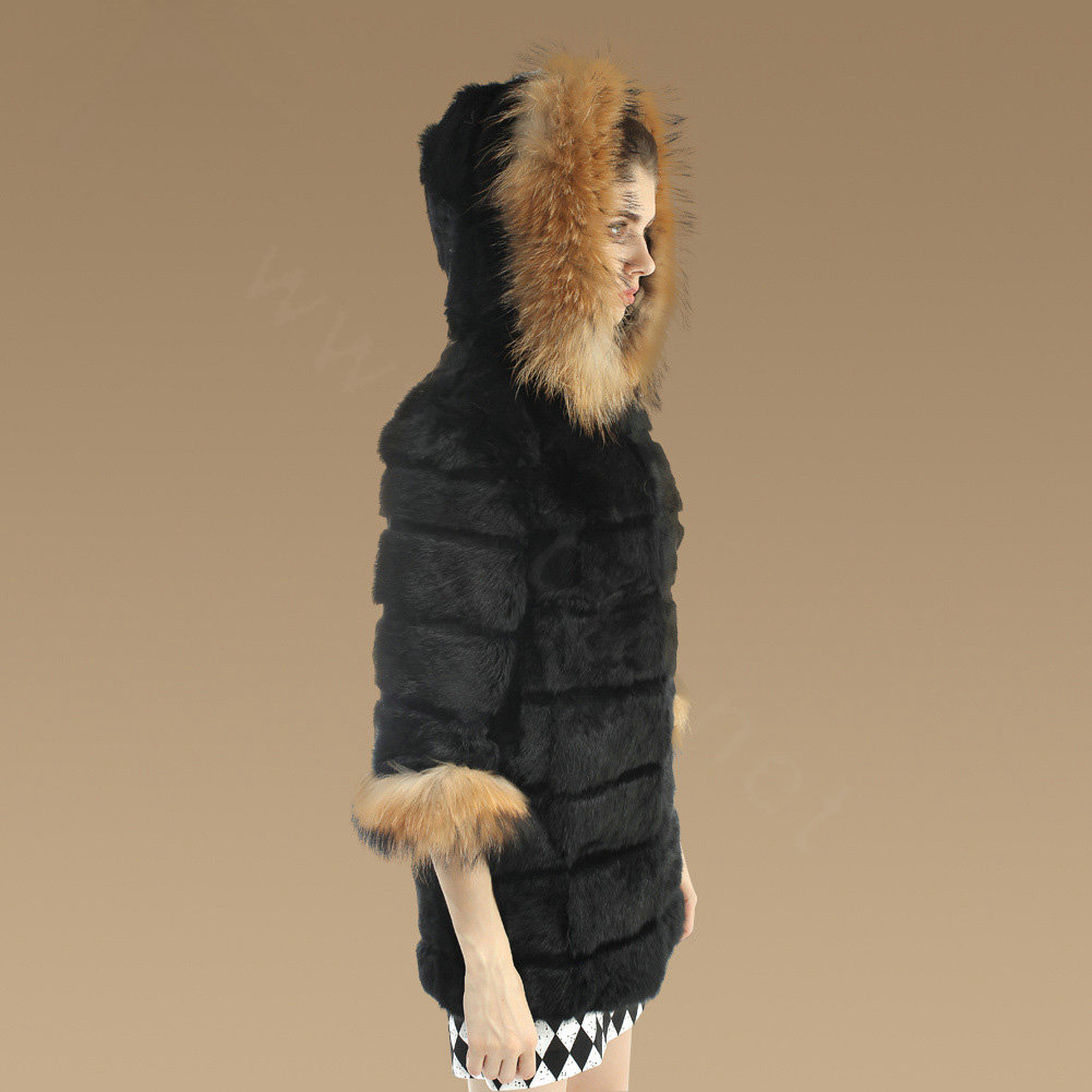 New Nature Genuine Rabbit Fur Coat With Raccoon Fur Hooded Outwear Warm Fur Jacket - Black
