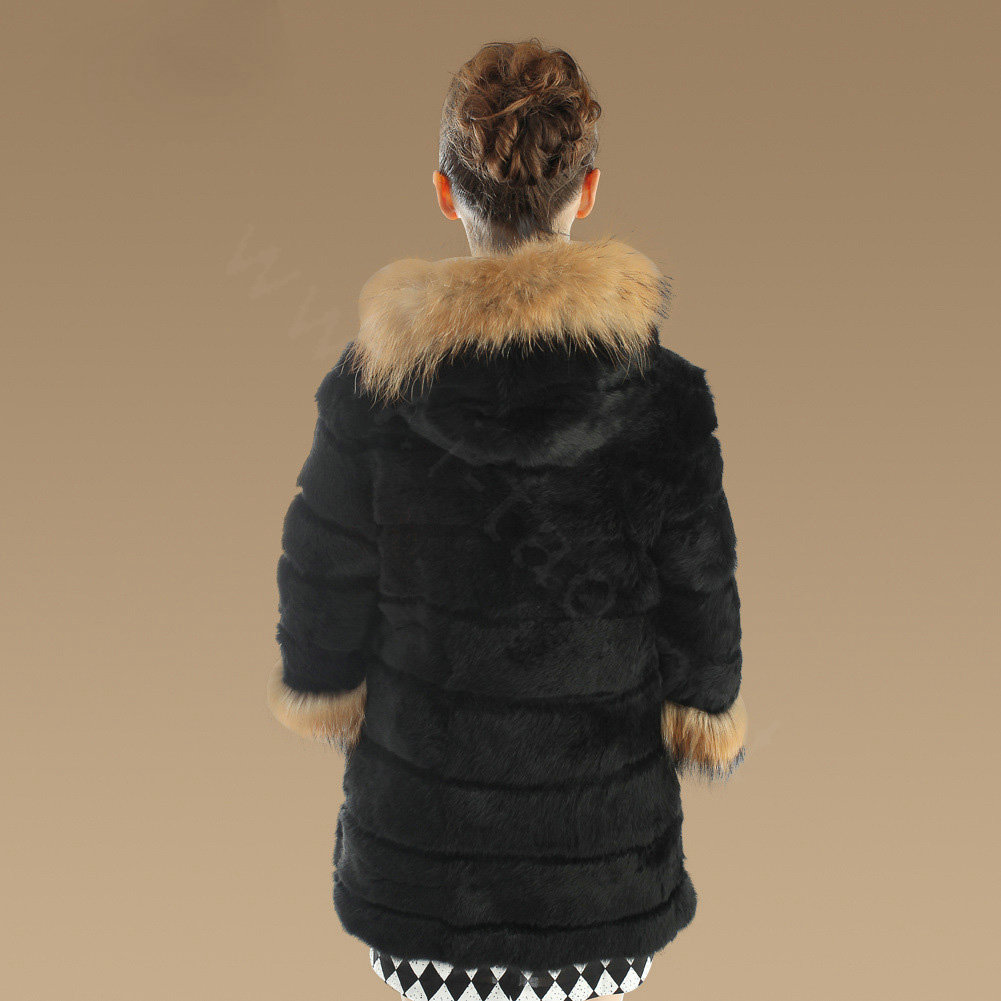 New Nature Genuine Rabbit Fur Coat With Raccoon Fur Hooded Outwear Warm Fur Jacket - Black