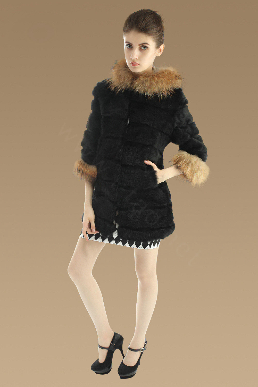 New Nature Genuine Rabbit Fur Coat With Raccoon Fur Hooded Outwear Warm Fur Jacket - Black