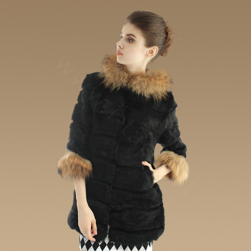 New Nature Genuine Rabbit Fur Coat With Raccoon Fur Hooded Outwear Warm Fur Jacket - Black