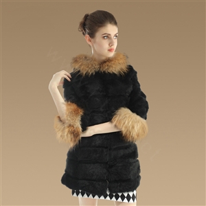 New Nature Genuine Rabbit Fur Coat With Raccoon Fur Hooded Outwear Warm Fur Jacket - Black