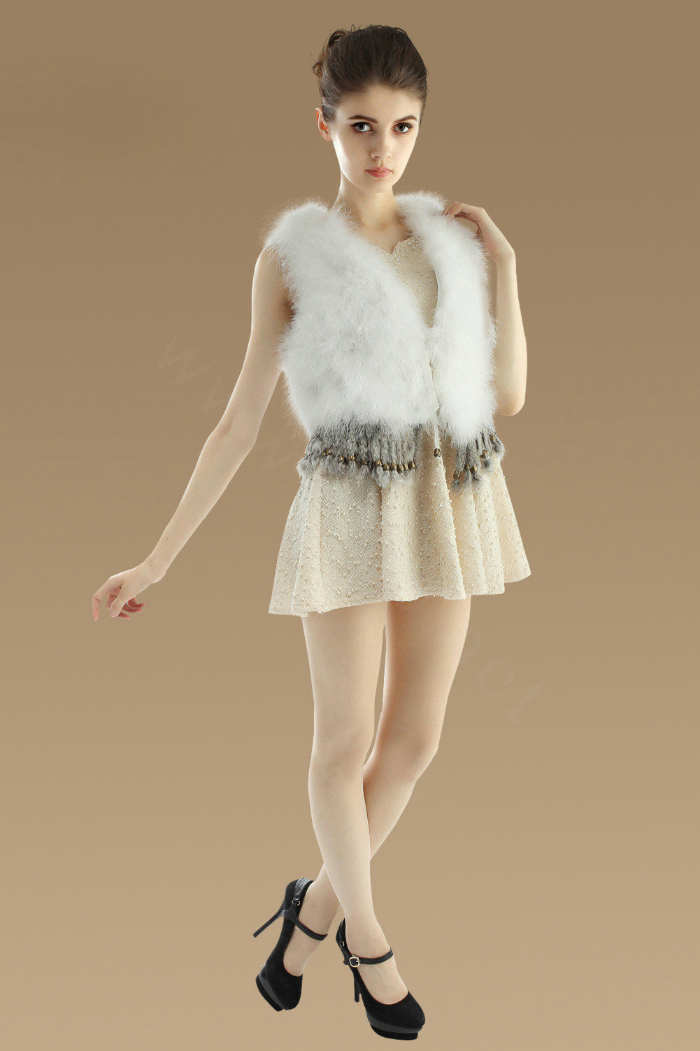 New Nature Turkey Fur Vest With Ostrich Fur Waistcoat Fashion Women Winter Fur Gilet - White