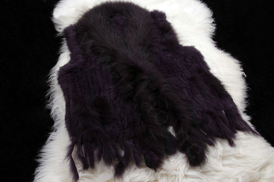 New Personality Real Rabbit Fur Vests Raccoon Fur Collar Women Knitted Fur Waistcoat - Dark Purple